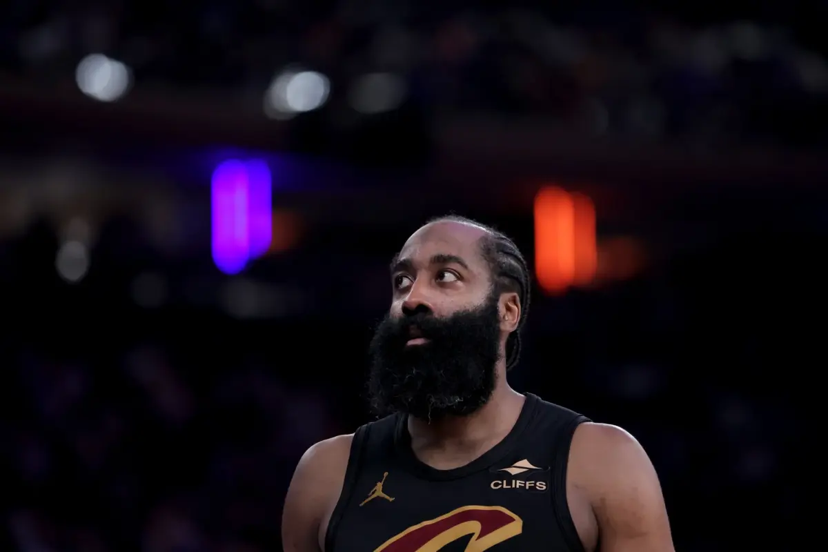 May 19, 2026; New York, New York, USA; Cleveland Cavaliers guard James Harden (1) reacts during the third quarter of game one of the eastern conference finals against the New York Knicks during the 2026 NBA playoffs at Madison Square Garden. Mandatory Credit: Brad Penner-Imagn Images