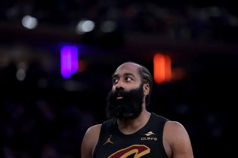 May 19, 2026; New York, New York, USA; Cleveland Cavaliers guard James Harden (1) reacts during the third quarter of game one of the eastern conference finals against the New York Knicks during the 2026 NBA playoffs at Madison Square Garden. Mandatory Credit: Brad Penner-Imagn Images