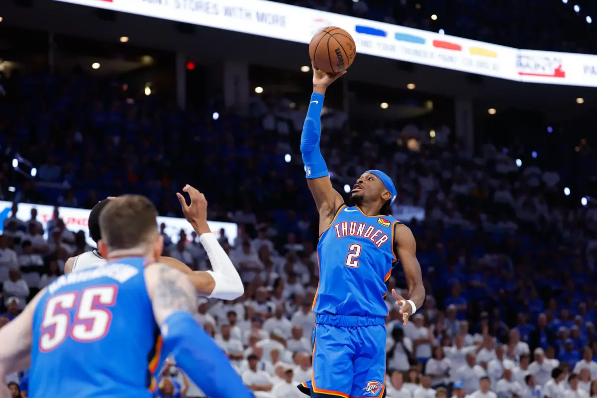 Oklahoma City Thunder guard Shai Gilgeous-Alexander (2) shoots during the fourth quarter against the San Antonio Spurs during game two of the western conference finals for the 2026 NBA playoffs at Paycom Center. SGA had a masterful performance, worthy of the MVP.