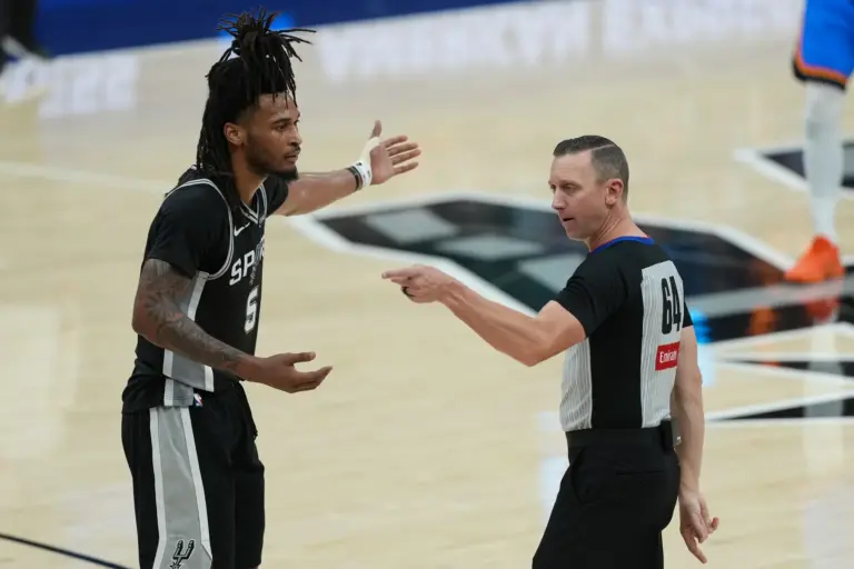San Antonio Spurs guard Stephon Castle (5) reacts against the Oklahoma City Thunder in the first half during game three of the western conference finals for the 2026 NBA playoffs at Frost Bank Center. The inconsistent calls have highlighted the officiating discourse surrounding the series.