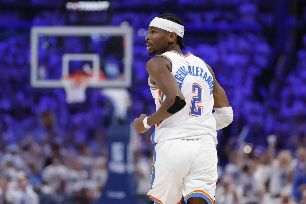 Oklahoma City Thunder guard Shai Gilgeous-Alexander (2) reacts after a play during the third quarter against the San Antonio Spurs in game five of the western conference finals for the 2026 NBA playoffs at Paycom Center. SGA need to cap off the Thunder vs Spurs series with a masterclass to end it on a high note.