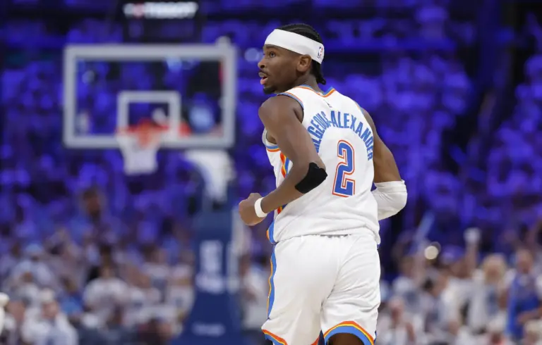 Oklahoma City Thunder guard Shai Gilgeous-Alexander (2) reacts after a play during the third quarter against the San Antonio Spurs in game five of the western conference finals for the 2026 NBA playoffs at Paycom Center. SGA need to cap off the Thunder vs Spurs series with a masterclass to end it on a high note.