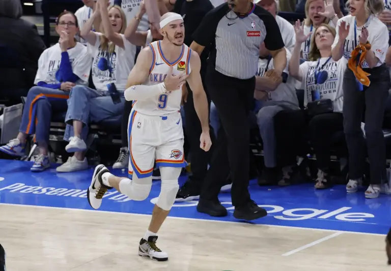 Oklahoma City Thunder guard Alex Caruso (9) reacts after a basket during the fourth quarter against the San Antonio Spurs in game five of the western conference finals for the 2026 NBA playoffs at Paycom Center.