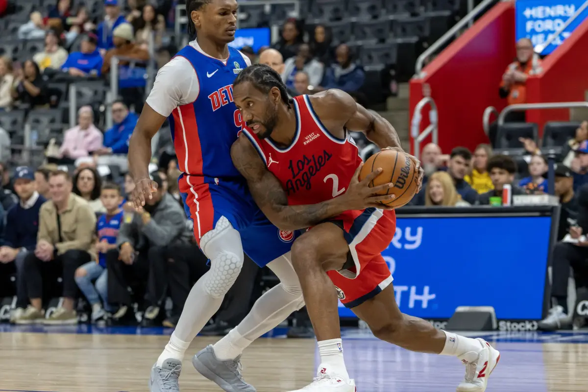 Jan 10, 2026; Detroit, Michigan, USA; Detroit Pistons forward Ausar Thompson (9) defends against LA Clippers forward Kawhi Leonard (2) during the first quarter at Little Caesars Arena. Mandatory Credit: David Reginek-Imagn Images. The Pistons offseason could see a trade for Kawhi Leonard