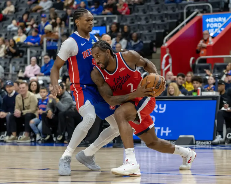 Jan 10, 2026; Detroit, Michigan, USA; Detroit Pistons forward Ausar Thompson (9) defends against LA Clippers forward Kawhi Leonard (2) during the first quarter at Little Caesars Arena. Mandatory Credit: David Reginek-Imagn Images. The Pistons offseason could see a trade for Kawhi Leonard