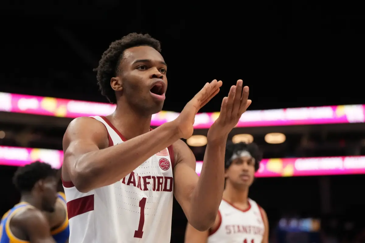 Mar 10, 2026; Charlotte, NC, USA; Stanford Cardinal guard Ebuka Okorie (1) reacts in the second half at Spectrum Center. Mandatory Credit: Bob Donnan-Imagn Images. The Detroit Pistons add shot creation with Ebuka Okorie