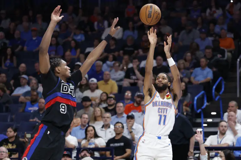 Mar 30, 2026; Oklahoma City, Oklahoma, USA; Oklahoma City Thunder guard Isaiah Joe (11) shoots a three point basket beside Detroit Pistons guard Ausar Thompson (9) during the second half at Paycom Center. Mandatory Credit: Alonzo Adams-Imagn Images. The Detroit Pistons acquire sharpshooter Isaiah Joe