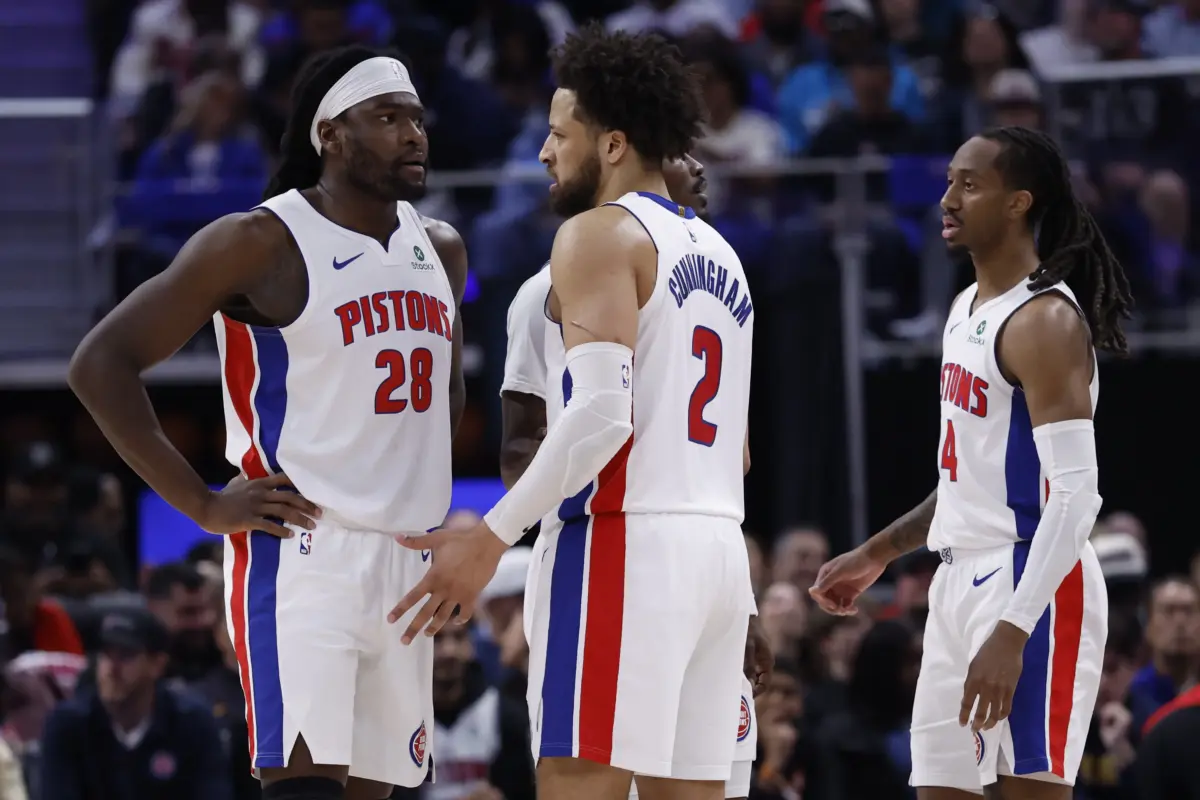 May 3, 2026; Detroit, Michigan, USA; Detroit Pistons guard Cade Cunningham (2) talks to forward Isaiah Stewart (28) in the first half against the Orlando Magic during game seven of the first round of the 2026 NBA Playoffs at Little Caesars Arena. Mandatory Credit: Rick Osentoski-Imagn Images. Isaiah Stewart could be a trade piece for the Pistons.