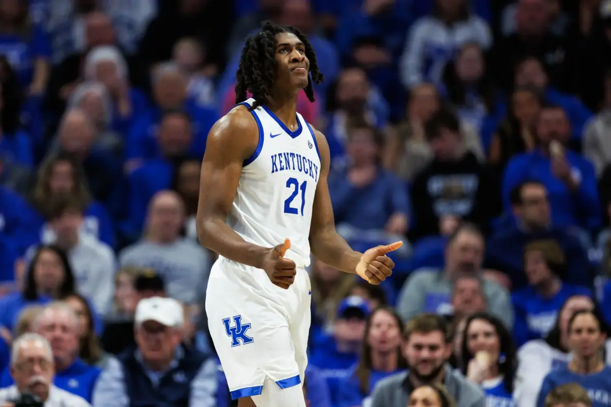Jan 7, 2026; Lexington, Kentucky, USA; Kentucky Wildcats forward Jayden Quaintance (21) reacts during the second half against the Missouri Tigers at Rupp Arena at Central Bank Center. Mandatory Credit: Jordan Prather-Imagn Images. Quaintance was selected with the 20th overall pick in the 2026 NBA Draft by the San Antonio Spurs.