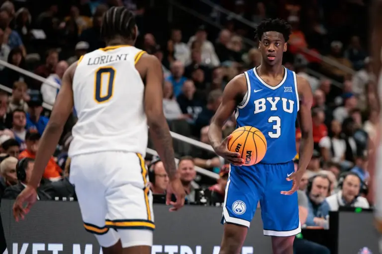 Mar 11, 2026; Kansas City, MO, USA; BYU Cougars forward AJ Dybantsa (3) sets the play in front of West Virginia Mountaineers forward Brenen Lorient (0) during the second half at T-Mobile Center. Mandatory Credit: William Purnell-Imagn Images. He is the first pick in LWOS' 2026 NBA Mock Draft.