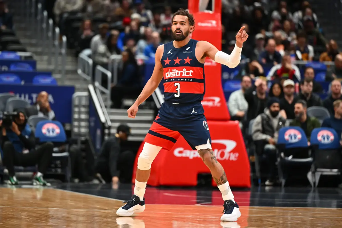 Mar 16, 2026; Washington, District of Columbia, USA; Washington Wizards guard Trae Young (3) on the court against the Golden State Warriors during the first half at Capital One Arena. Mandatory Credit: Brad Mills-Imagn Images
