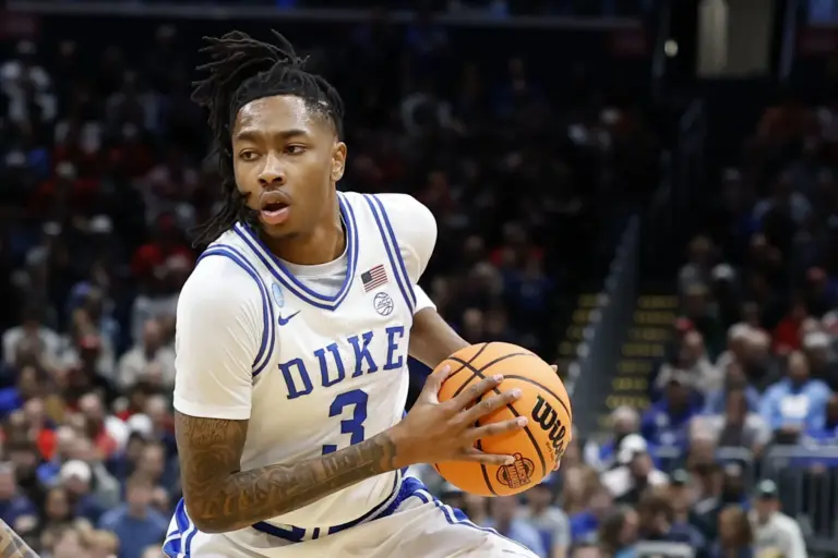Mar 27, 2026; Washington, DC, USA; Duke Blue Devils guard Isaiah Evans (3) dribbles the ball against the St. John's Red Storm in the first half during a Sweet Sixteen game of the East Regional of the men's 2026 NCAA Tournament at Capital One Arena. Mandatory Credit: Amber Searls-Imagn Images. Evans can be an option at the 24th pick for the New York Knicks.