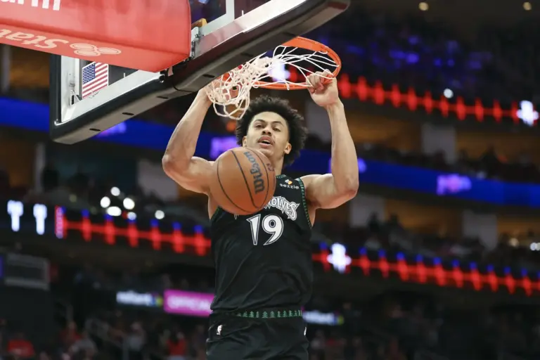 Minnesota Timberwolves forward Joan Beringer (19) dunks the ball during the first quarter against the Houston Rockets at Toyota Center. The Timberwolves selected Beringer with a pick from the Karl-Anthony Towns trade.