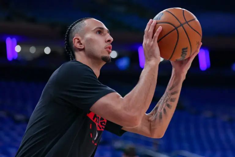 Apr 18, 2026; New York, New York, USA; Atlanta Hawks forward Zaccharie Risacher (10) warms up before the 2026 NBA Playoffs game against the New York Knicks at Madison Square Garden. Mandatory Credit: Vincent Carchietta-Imagn Images
