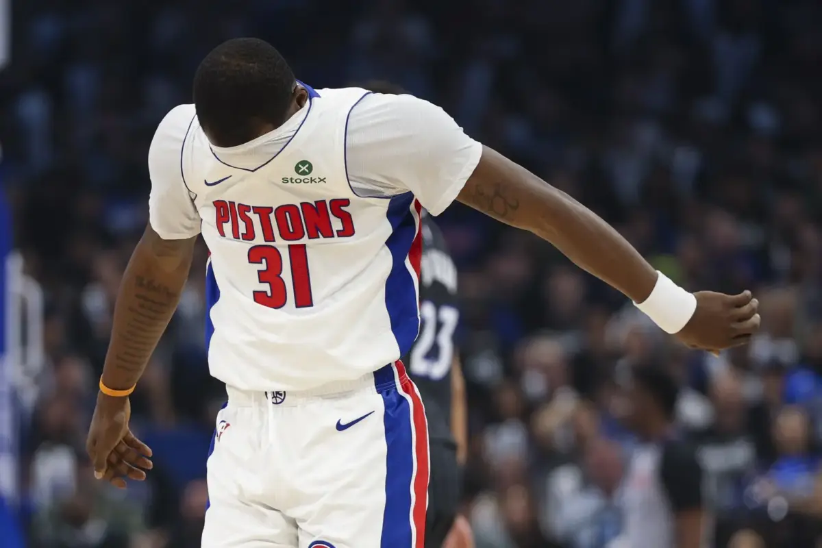 Apr 25, 2026; Orlando, Florida, USA; Detroit Pistons guard Javonte Green (31) reacts after plays against the Orlando Magic in the third quarter during game three of the first round of the 2026 NBA Playoffs at Kia Center. Mandatory Credit: Nathan Ray Seebeck-Imagn Images