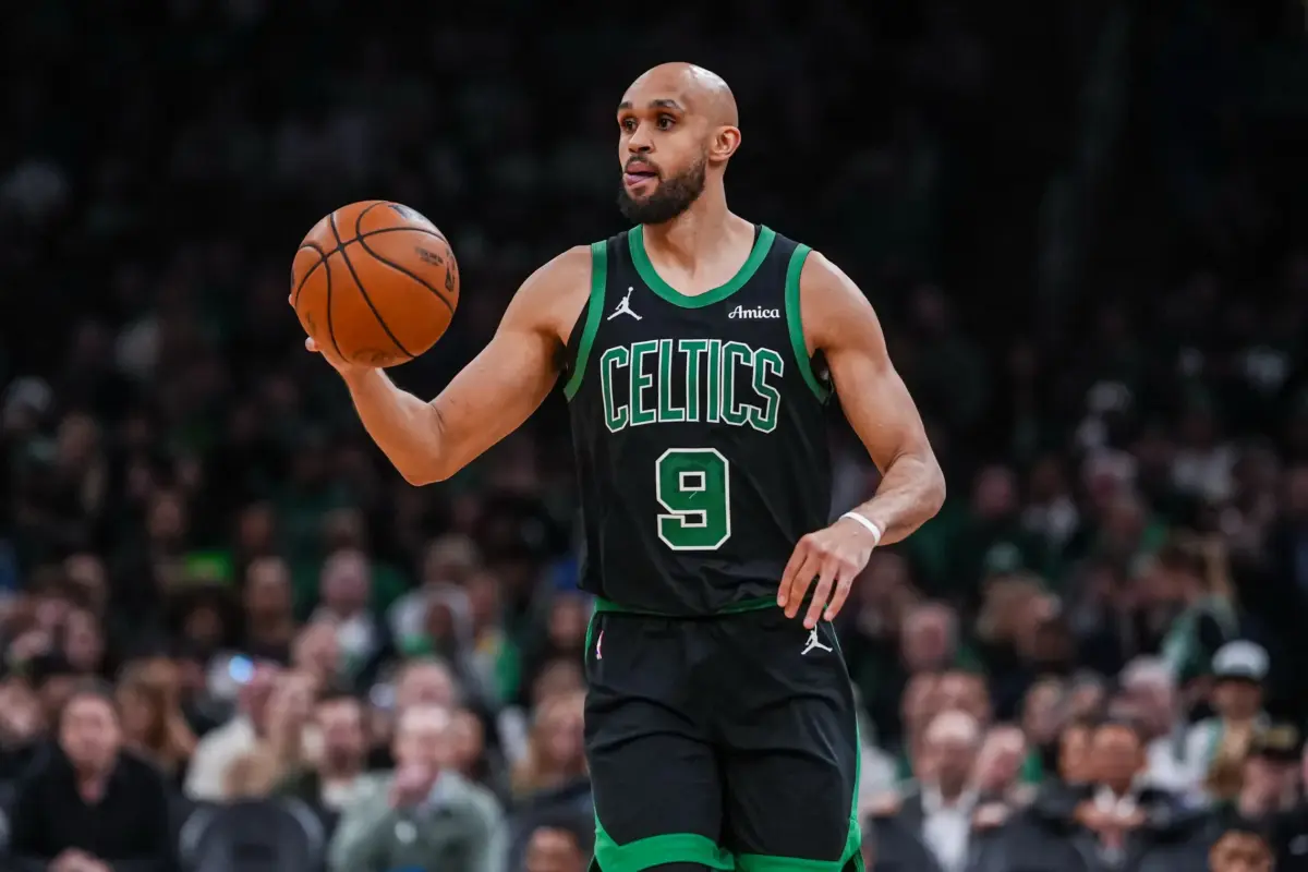 Apr 28, 2026; Boston, Massachusetts, USA; Boston Celtics guard Derrick White (9) returns the ball against the Philadelphia 76ers in the second half during game five of the first round of the 2026 NBA Playoffs at TD Garden. Mandatory Credit: David Butler II-Imagn Images. White's name has been linked to the Timberwolves in the off-season.