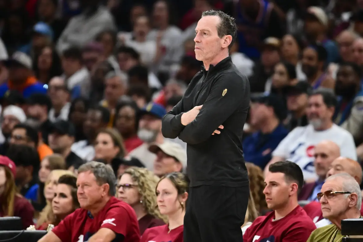 May 25, 2026; Cleveland, Ohio, USA; Cleveland Cavaliers head coach Kenny Atkinson looks on during the third quarter against the New York Knicks during game four of the eastern conference finals for the 2026 NBA playoffs at Rocket Arena. Mandatory Credit: Ken Blaze-Imagn Images