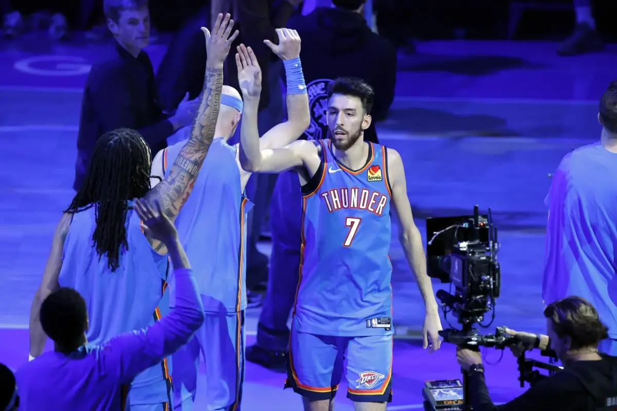 May 30, 2026; Oklahoma City, Oklahoma, USA; Oklahoma City Thunder center Chet Holmgren (7) is introduced during game seven of the western conference finals for the 2026 NBA playoffs at Paycom Center. Mandatory Credit: Alonzo Adams-Imagn Images