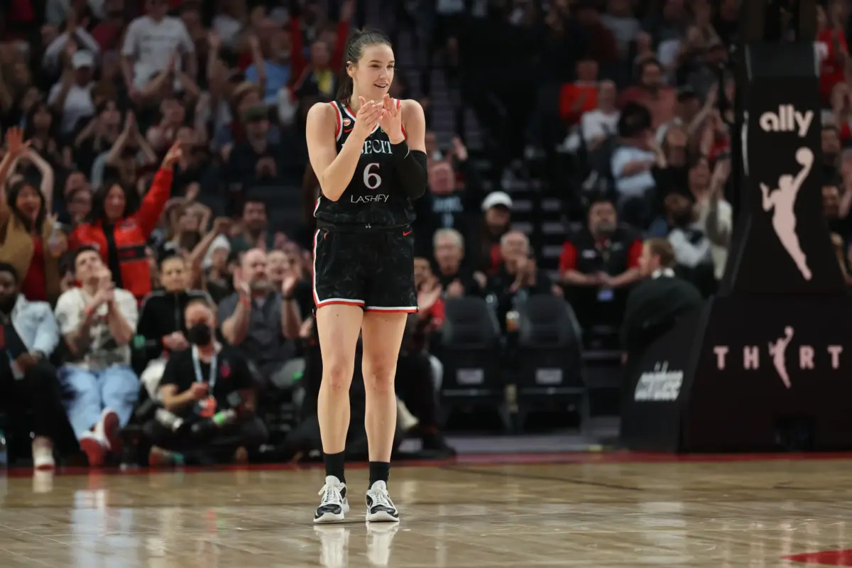 Portland Fire forward Bridget Carleton (6) reacts after making a three-point shot against the Indiana Fever during the second half at Moda Center. The Mercury vs Fire game is set to be the first ever meeting between the two teams.