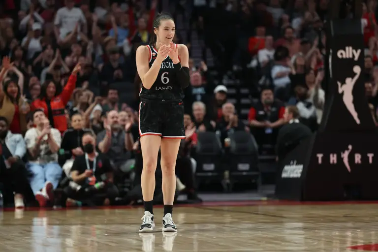Portland Fire forward Bridget Carleton (6) reacts after making a three-point shot against the Indiana Fever during the second half at Moda Center. The Mercury vs Fire game is set to be the first ever meeting between the two teams.