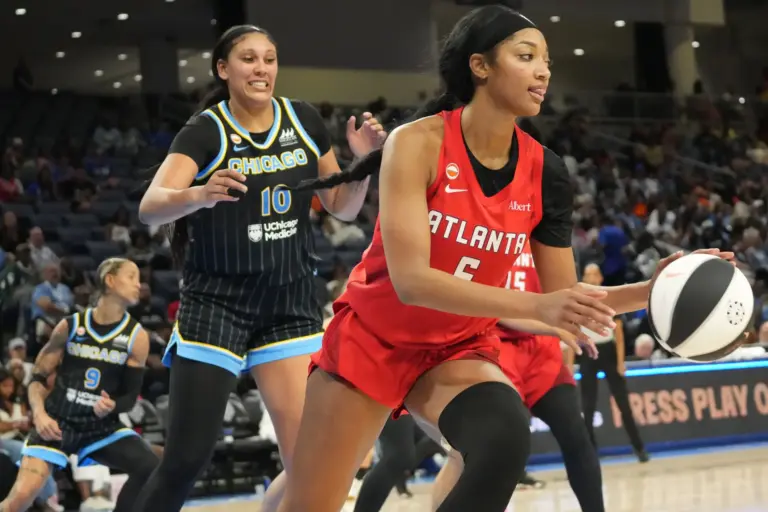 Jun 9, 2026; Chicago, Illinois, USA; Atlanta Dream forward Angel Reese (5) grabs a rebound in front of Chicago Sky center Kamilla Cardoso (10) during the second half at Wintrust Arena. Mandatory Credit: David Banks-Imagn Images. The Liberty vs Dream game will be an intriguing matchup between two strong teams.