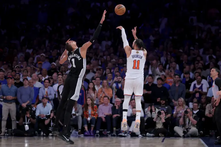 Jun 10, 2026; New York, New York, USA; New York Knicks guard Jalen Brunson (11) shoots a three point shot against San Antonio Spurs forward Victor Wembanyama (1) during the fourth quarter of game four of the 2026 NBA Finals at Madison Square Garden. Mandatory Credit: Brad Penner-Imagn Images. The Knicks vs Spurs could potentially end in five games.