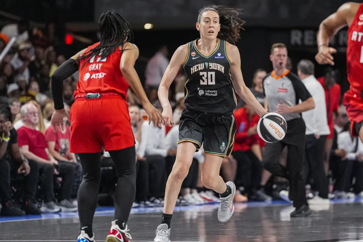Jun 11, 2026; College Park, Georgia, USA; New York Liberty forward Breanna Stewart (30) dribbles the ball against the Atlanta Dream during the second half at Gateway Center Arena at College Park. Mandatory Credit: Dale Zanine-Imagn Images. Stewart looks to follow up an excellent performance in the Mystics vs Liberty game.