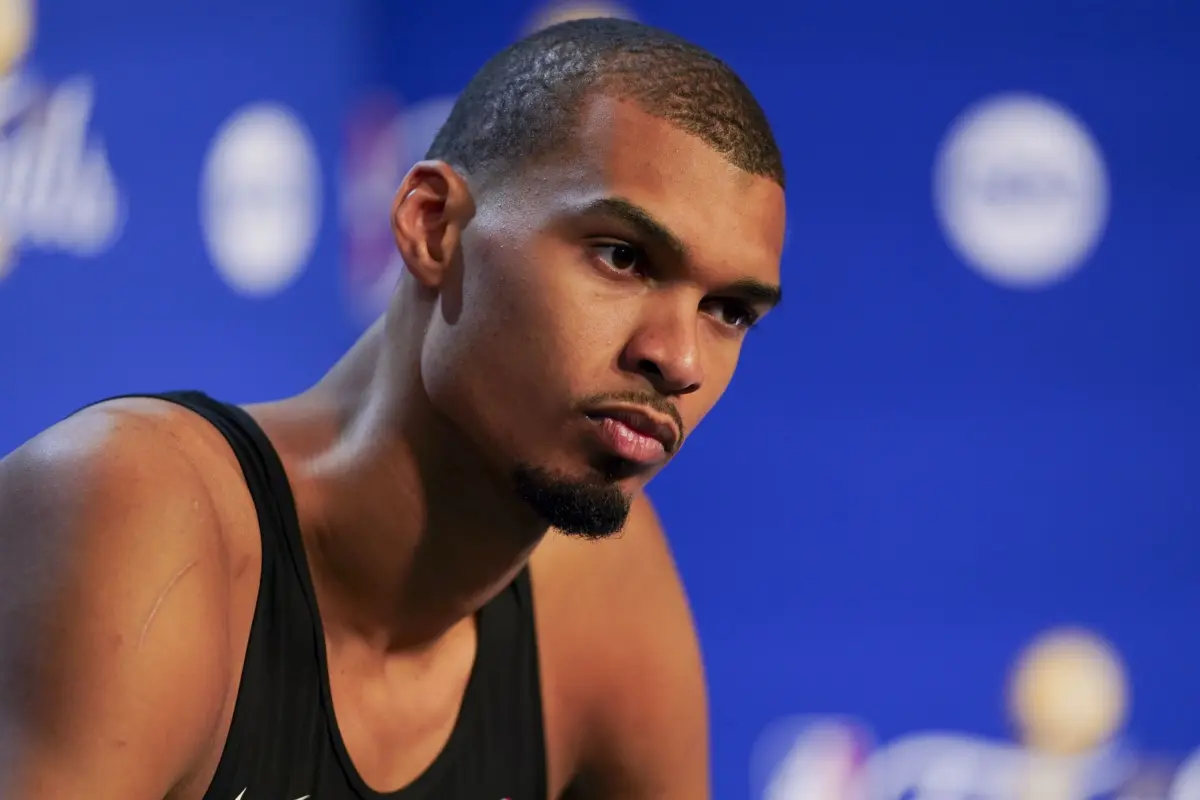 Jun 13, 2026; San Antonio, Texas, USA; San Antonio Spurs forward Victor Wembanyama (1) speaks to the media after the New York Knicks defeat the Spurs during game five of the 2026 NBA Finals at Frost Bank Center. Mandatory Credit: Dustin Safranek-Imagn Images