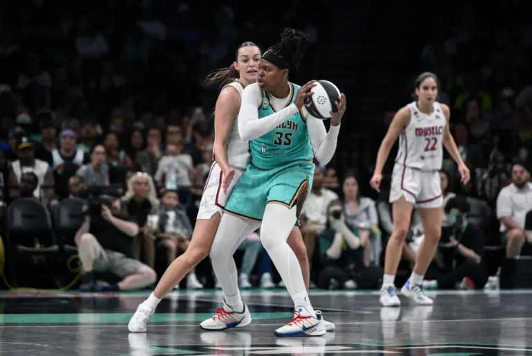 Jun 14, 2026; Brooklyn, New York, USA; New York Liberty center Jonquel Jones (35) looks to pass the ball as Washington Mystics forward Angela Dugalic (32) defends during the second half at Barclays Center. Mandatory Credit: John Jones-Imagn Images. She will being looking to put up an great performance in the next Mystics vs Liberty matchup.