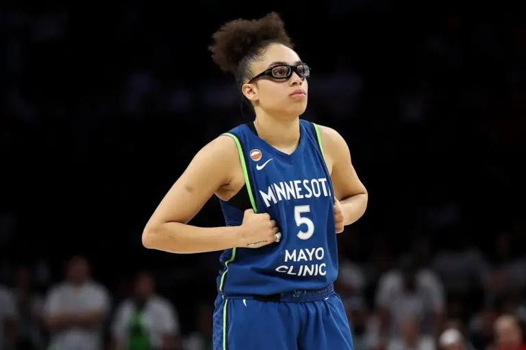Jun 21, 2026; Minneapolis, Minnesota, USA; Minnesota Lynx guard Olivia Miles (5) reacts during the second half against the Washington Mystics at Target Center. Mandatory Credit: Matt Krohn-Imagn Images. Olivia has the opportunity to continue to show her talent in the upcoming Lynx vs Mystics game.
