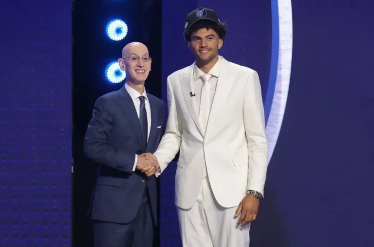 Jun 23, 2026; New York, NY, USA; NBA commissioner Adam Silver greets the third pick in the 2026 NBA draft, Duke forward Cameron Boozer after he was selected by the Memphis Grizzlies at Barclays Center. Mandatory Credit: Brad Penner-Imagn Images