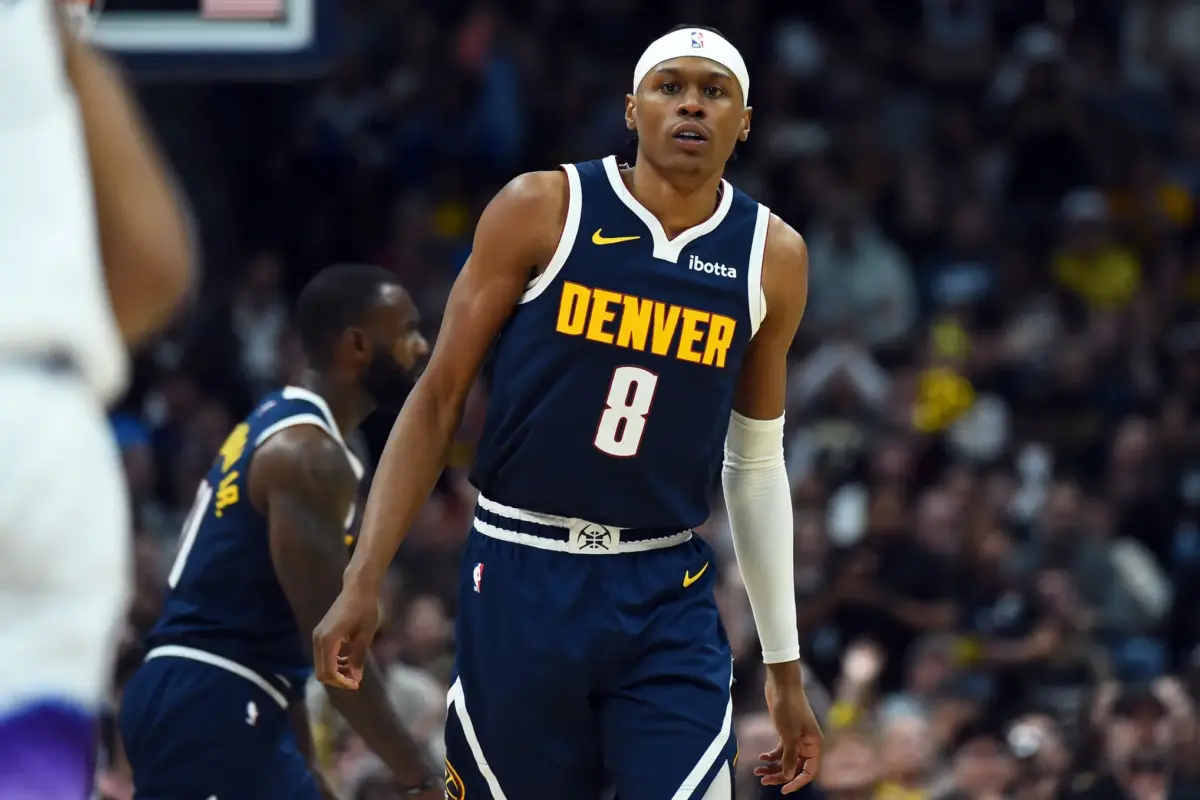 Mar 27, 2026; Denver, Colorado, USA; Denver Nuggets guard Peyton Watson (8) after making a basket during the second half against the Utah Jazz at Ball Arena. Mandatory Credit: Christopher Hanewinckel-Imagn Images. A Peyton Watson trade to the Atlanta Hawks has the potential to cause major harm and major gain for the franchise.