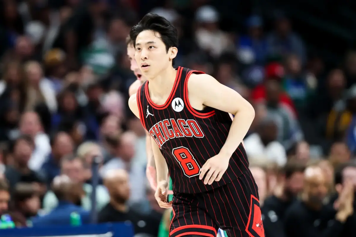 Apr 12, 2026; Dallas, Texas, USA; Chicago Bulls guard Yuki Kawamura (8) reacts after scoring against the Dallas Mavericks during the second half at American Airlines Center. Mandatory Credit: Kevin Jairaj-Imagn Images