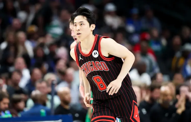 Apr 12, 2026; Dallas, Texas, USA; Chicago Bulls guard Yuki Kawamura (8) reacts after scoring against the Dallas Mavericks during the second half at American Airlines Center. Mandatory Credit: Kevin Jairaj-Imagn Images