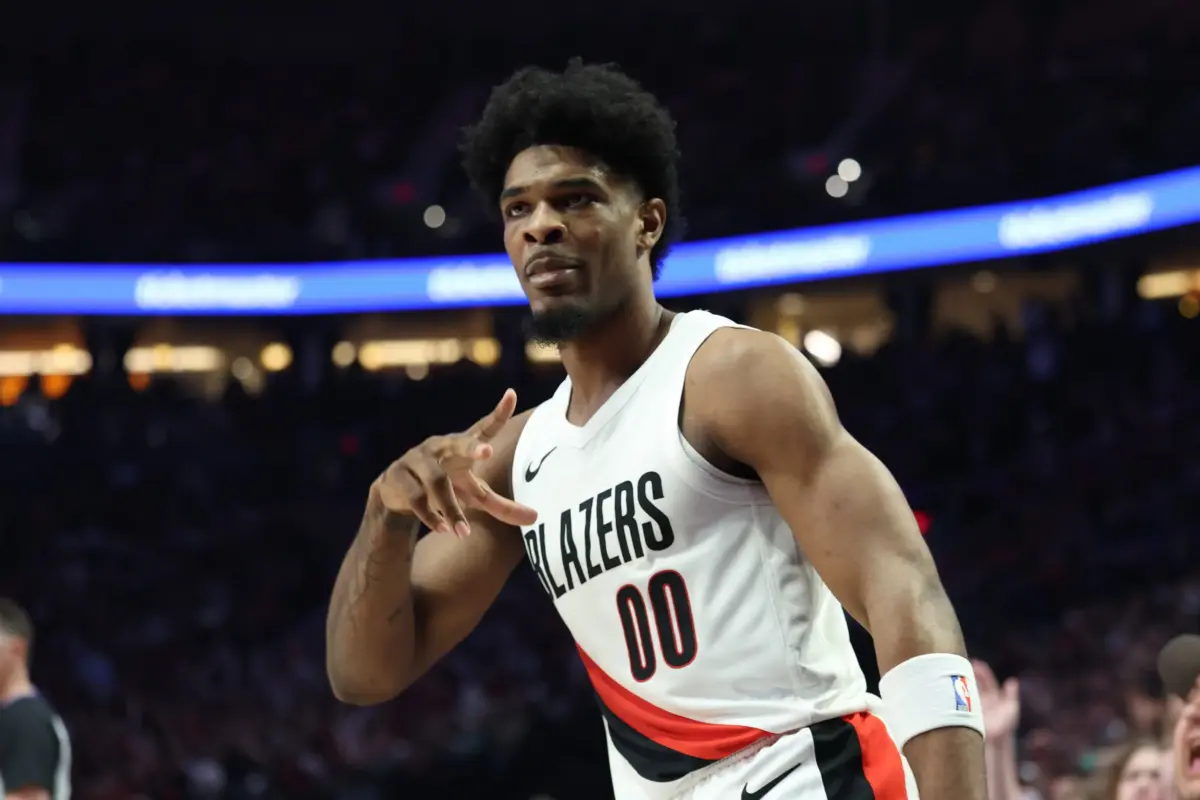 Apr 24, 2026; Portland, Oregon, USA; Portland Trail Blazers guard Scoot Henderson (00) reacts after scoring a three-point shot against the San Antonio Spurs during the first half during game three of the first round of the 2026 NBA Playoffs at Moda Center. Mandatory Credit: Jaime Valdez-Imagn Images. Micah Nori will have to figure out Henderson's role going into next season.