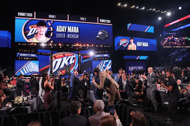 Jun 23, 2026; New York, NY, USA; NBA commissioner Adam Silver announces the twelfth pick in the 2026 NBA draft, Michigan center Aday Mara after he was selected by the Oklahoma City Thunder at Barclays Center. Mandatory Credit: Brad Penner-Imagn Images