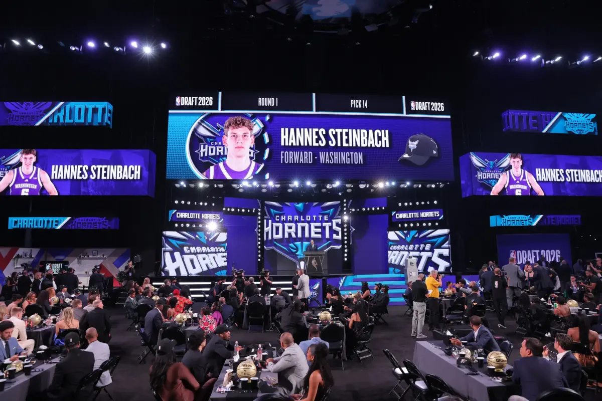 Jun 23, 2026; New York, NY, USA; NBA commissioner Adam Silver announces the fourteenth pick in the 2026 NBA draft, Washington forward Hannes Steinbach after he was selected by the Charlotte Hornets at Barclays Center. Mandatory Credit: Brad Penner-Imagn Images. Steinbach is one of two draft rookies playing for Charlotte's Summer League team.