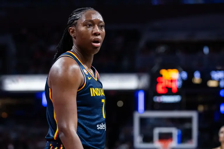 Jun 27, 2026; Indianapolis, Indiana, USA; Indiana Fever center Aliyah Boston (7) in the second half against the Los Angeles Sparks at Gainbridge Fieldhouse. Mandatory Credit: Trevor Ruszkowski-Imagn Images. She will have a difficult matchup ahead of her during the Fever vs Aces game.