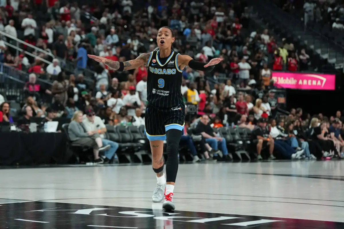 Jul 3, 2026; Las Vegas, Nevada, USA; Chicago Sky guard Natasha Cloud (9) reacts to a call during overtime of their game against the Las Vegas Aces at T-Mobile Arena. Mandatory Credit: Candice Ward-Imagn Images. Cloud and her team will look to bounce back in the Sky vs Mercury game.