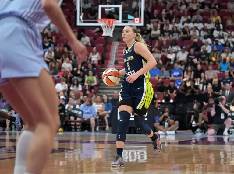 Jul 10, 2026; Montreal, Quebec, CAN; Dallas Wings guard Paige Bueckers (5) against the Toronto Tempo in the first half at the Bell Centre. Mandatory Credit: Eric Bolte-Imagn Images. Bueckers will look to follow up her brilliant performance in the upcoming Sky vs Wings game.