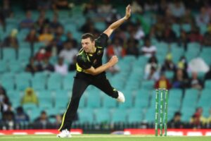 Josh Hazlewood bowling for Australia vs Sri Lanka.