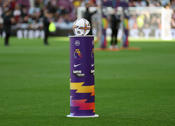 Premier League match ball sitting on Rainbow Laces plinth