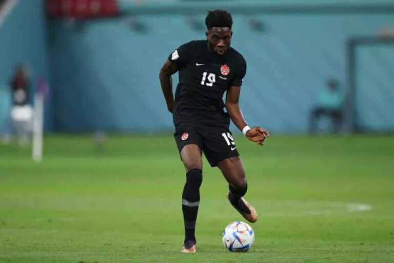 Alphonso Davies, pictured kicking a ball, is in the Canada predicted lineup