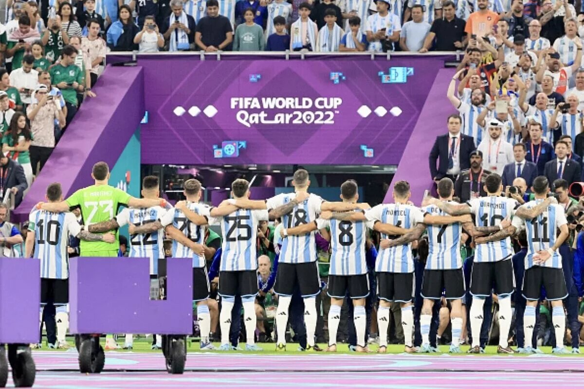 Argentina's team line up in front of fans, as they will before Argentina vs Poland
