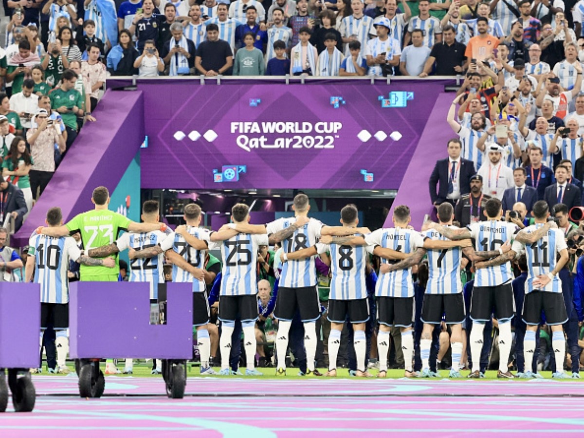 Argentina's team line up in front of fans, as they will before Argentina vs Poland