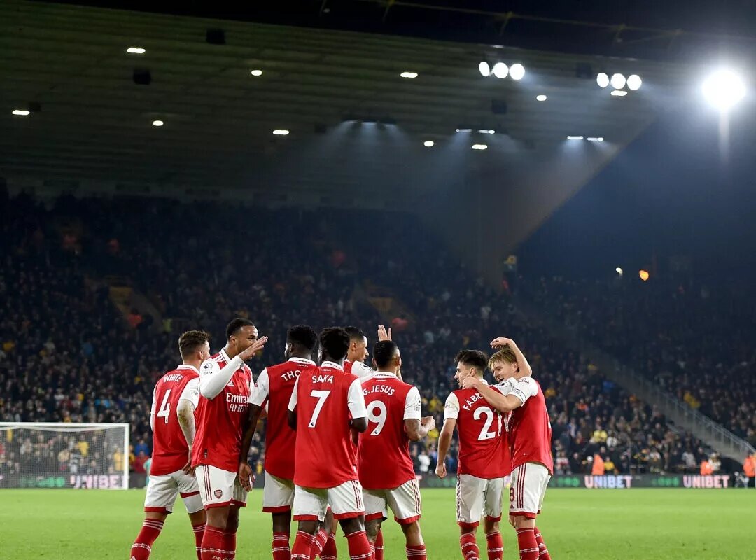 The Arsenal team celebrate during their Premier League win against Wolverhampton Wanderers.
