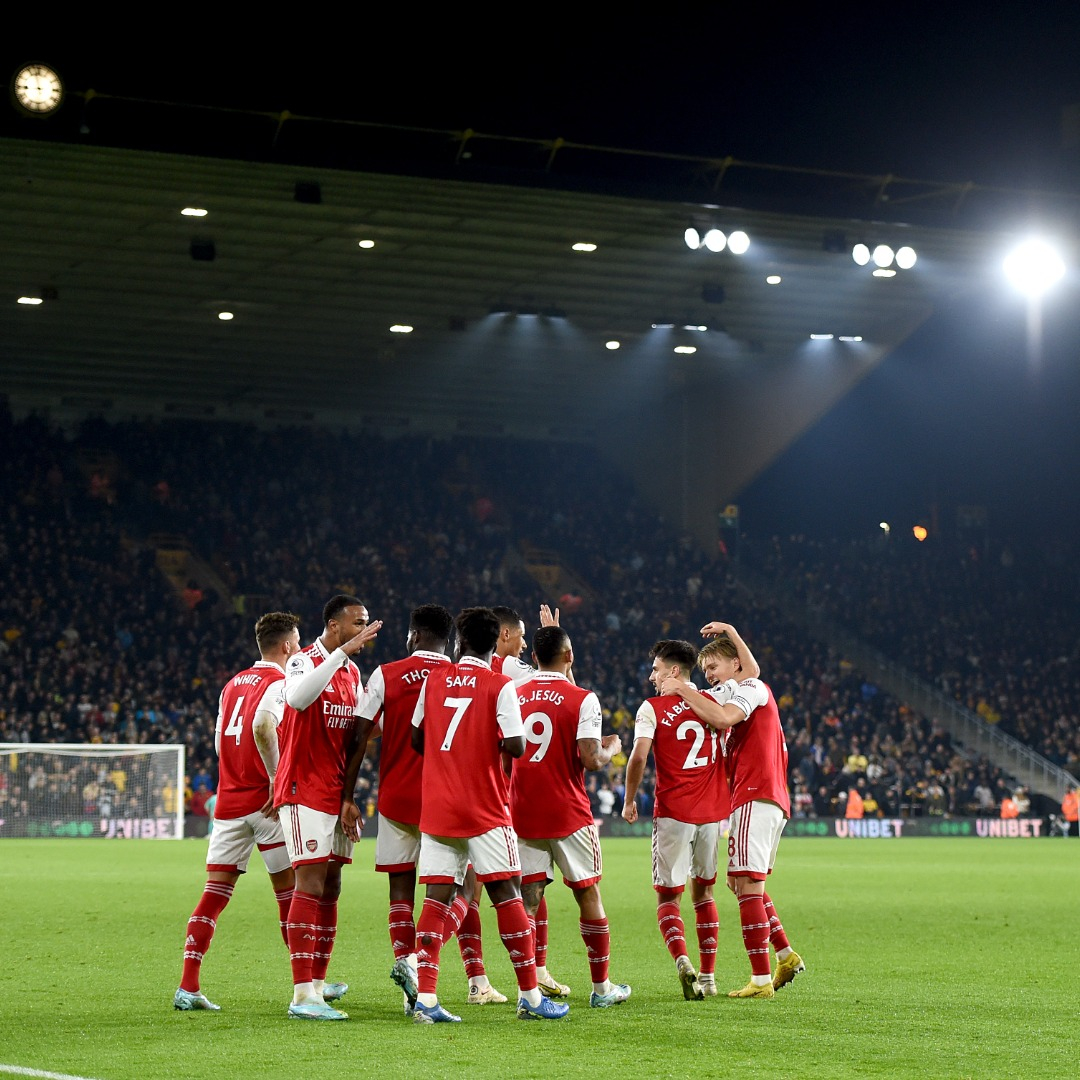 The Arsenal team celebrate during their Premier League win against Wolverhampton Wanderers.