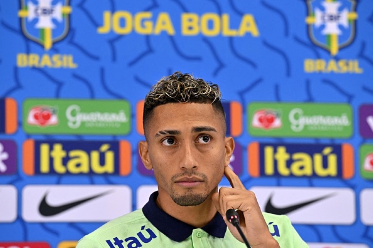 Raphinha, a member of the Brazil World Cup squad, at a press conference