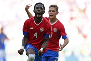 Costa Rica's defender Keysher Fuller celebrates scoring at the Ahmad Bin Ali Stadium