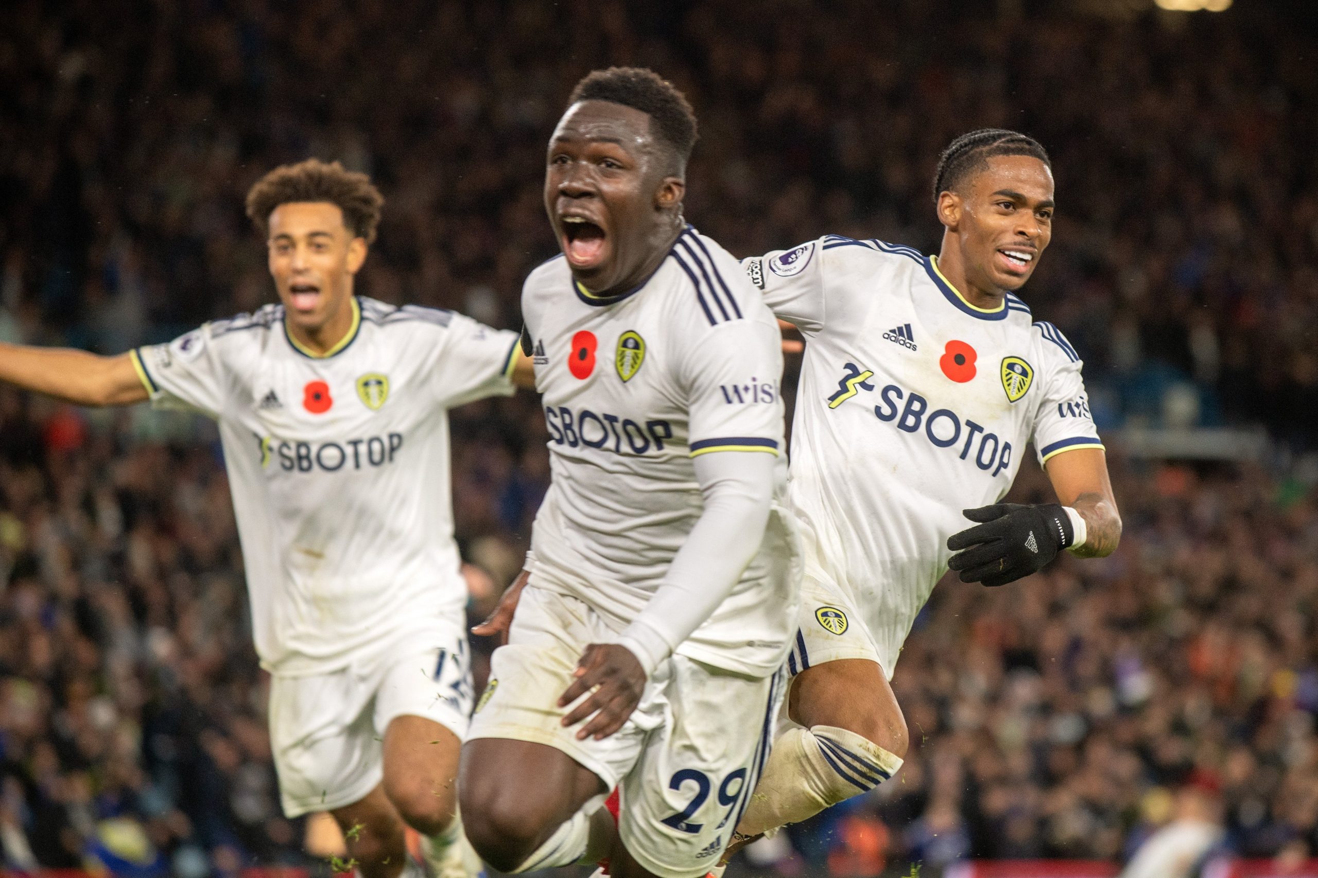 Leeds United players Willy Gnonto, Crysencio Summerville and Tyler Adams celebrate a goal